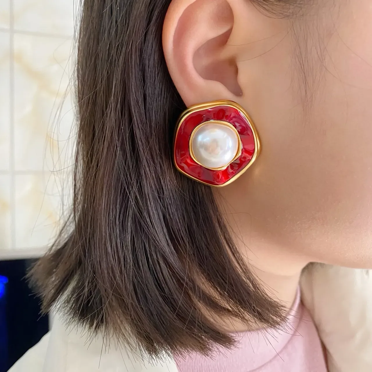 Red Enamel and Pearl Stud Earrings 3