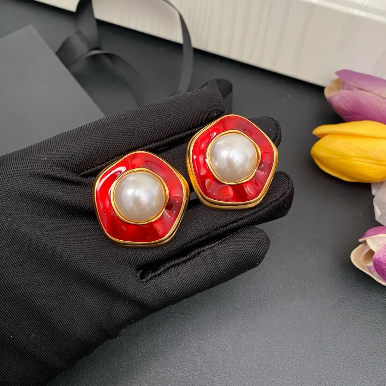 Red Enamel and Pearl Stud Earrings 6