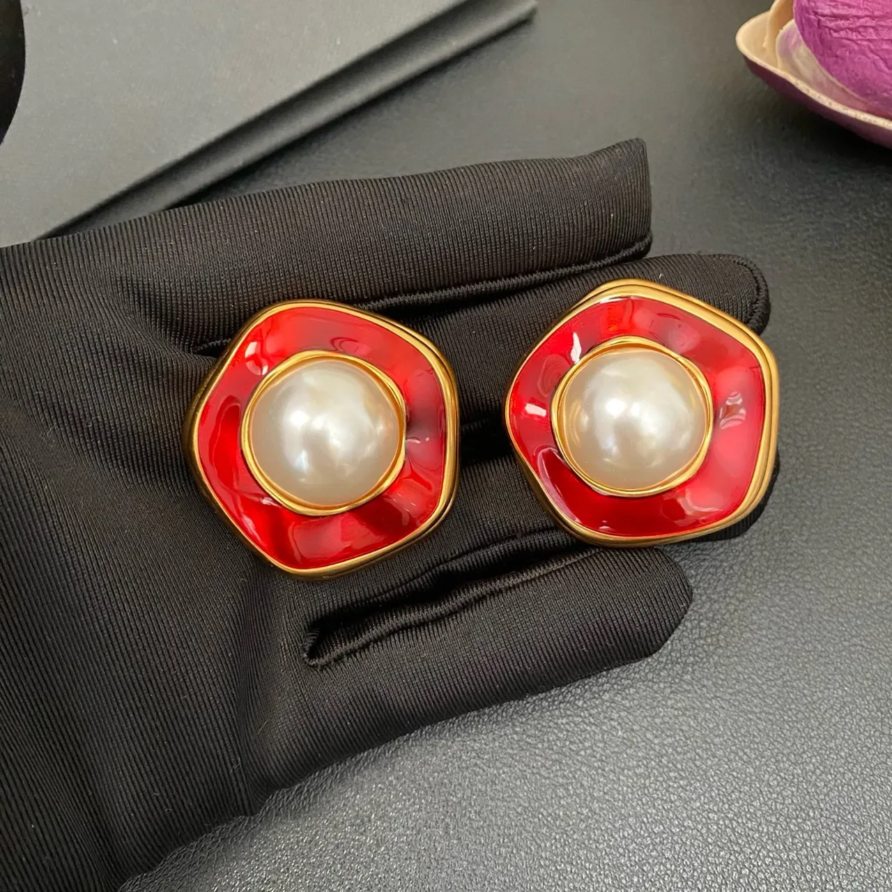 Red Enamel and Pearl Stud Earrings 7