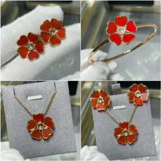 Red Gold Five-Petal Floral Motif Heart-Shaped Enamel Petals Earrings