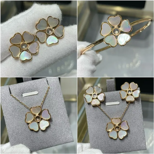 Red Gold Five-Petal Floral Motif Heart-Shaped Enamel Petals Earrings 6