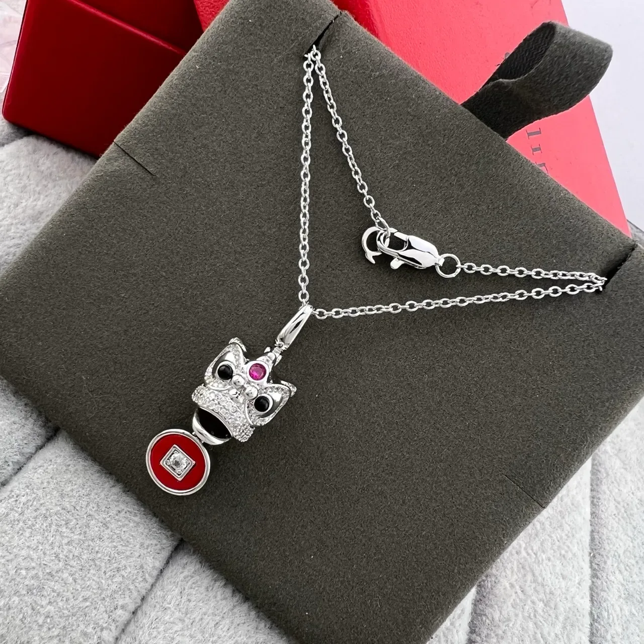 Red Gold Owl-Head Pendant Enamel Disc Charm Necklace 3