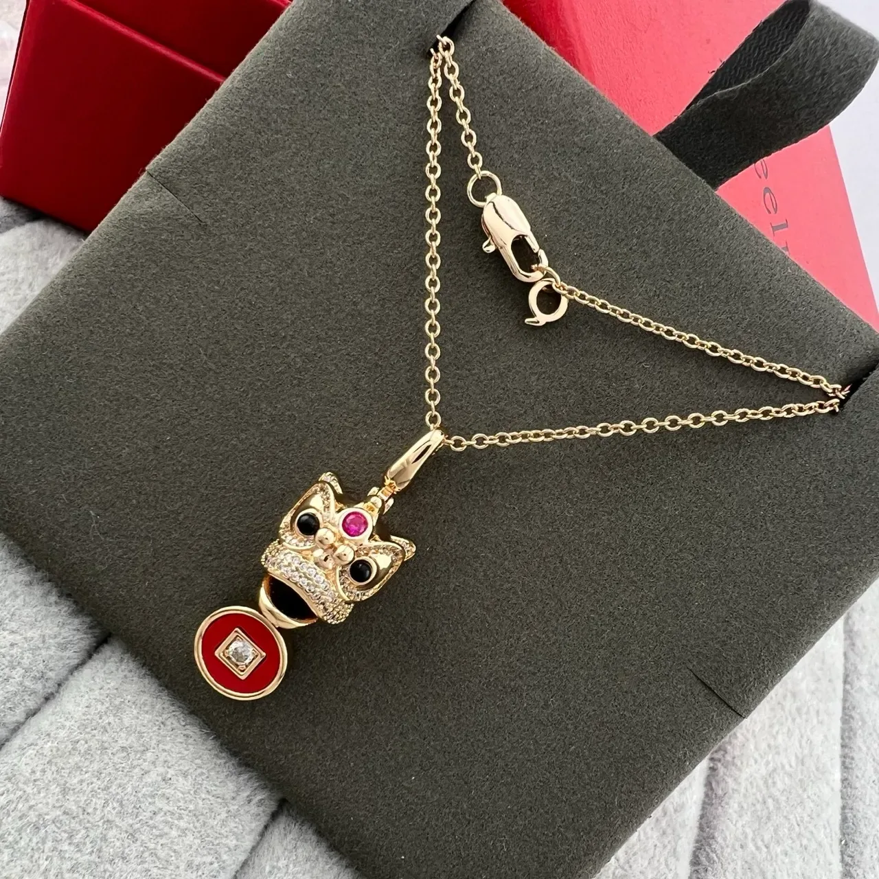 Red Gold Owl-Head Pendant Enamel Disc Charm Necklace 4
