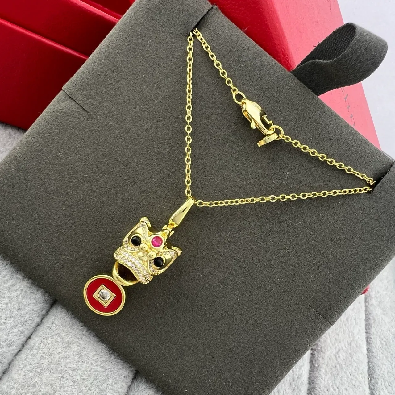 Red Gold Owl-Head Pendant Enamel Disc Charm Necklace 5