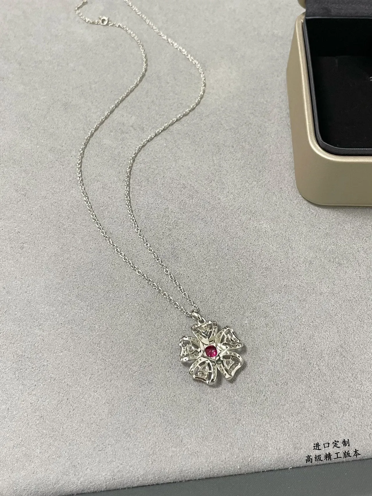 Red Silver Floral Pendant Central Square-Cut Gemstone Necklace 4