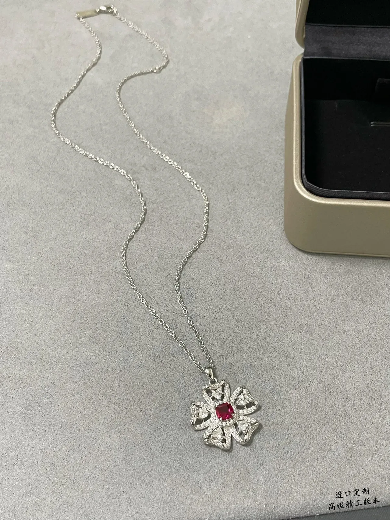 Red Silver Floral Pendant Central Square-Cut Gemstone Necklace 5