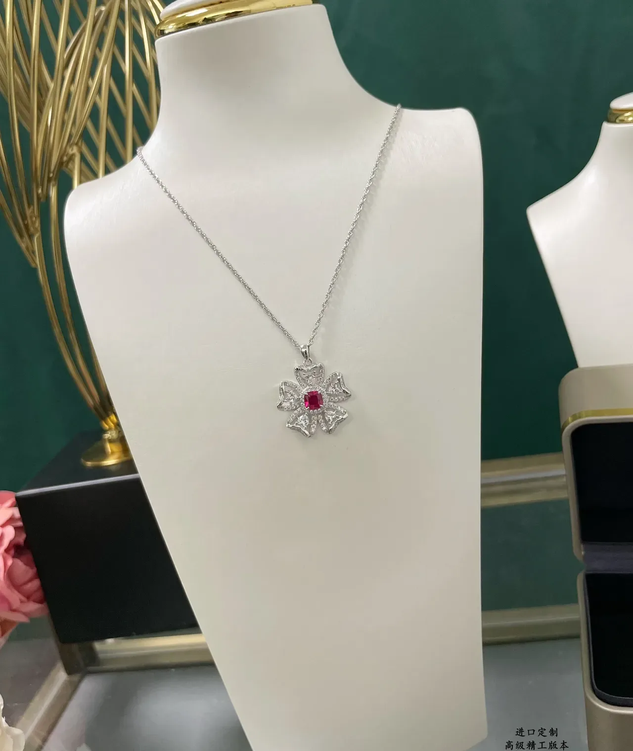 Red Silver Floral Pendant Central Square-Cut Gemstone Necklace 7