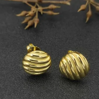 Ribbed Spherical Polished Gold-Tone Stud Earrings