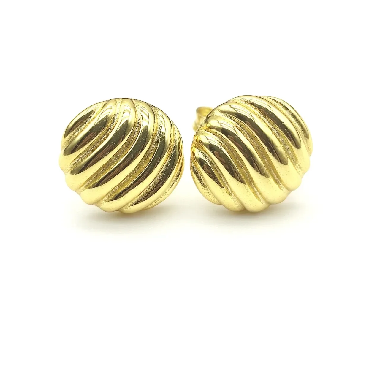 Ribbed Spherical Polished Gold-Tone Stud Earrings 2