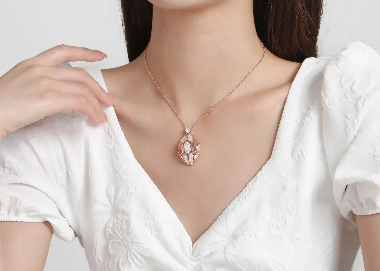 Rose Gold Pave Geometric Scale Motif Pendant Necklace 2