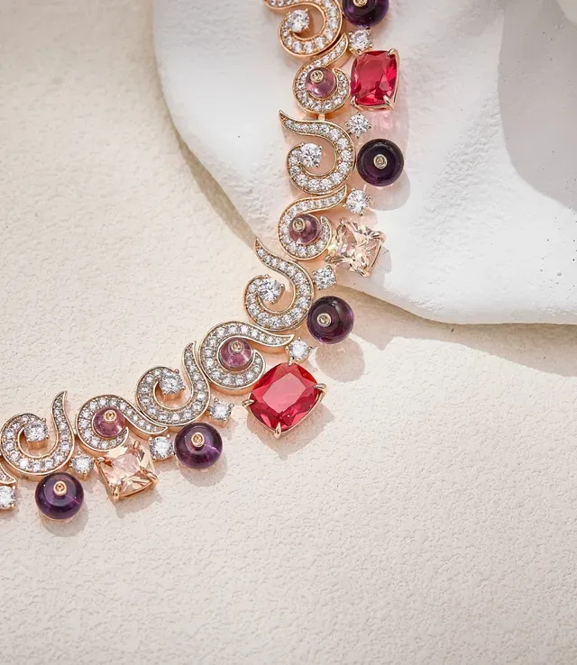 Rose Gold Scroll Motif Multi-Gemstone Pavé Diamond Necklace 2