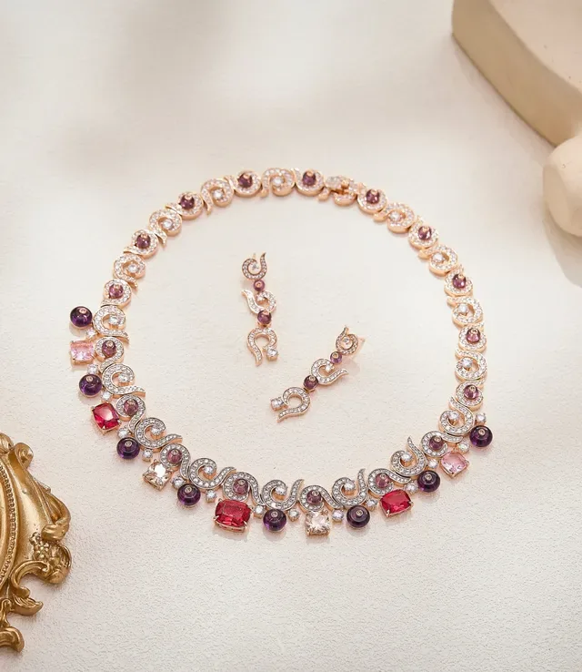 Rose Gold Scroll Motif Multi-Gemstone Pavé Diamond Necklace 4