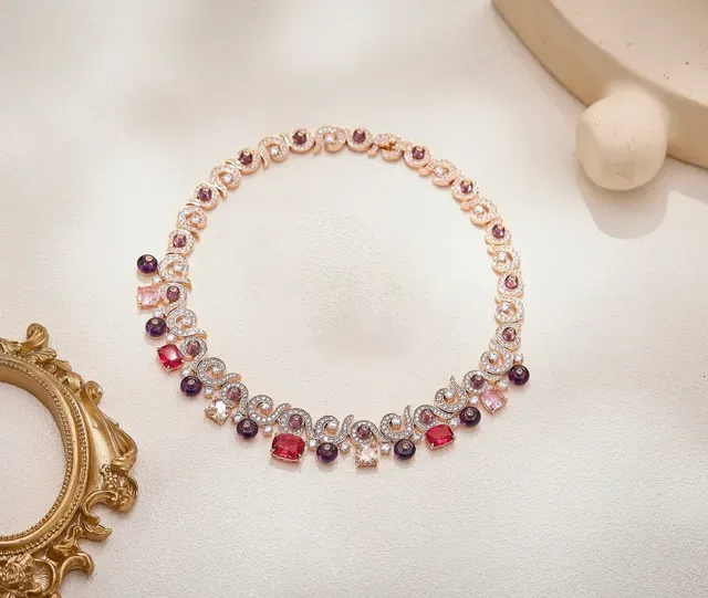 Rose Gold Scroll Motif Multi-Gemstone Pavé Diamond Necklace 5