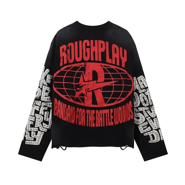 ROUGH Oversized Distressed Graphic Print Black T-Shirt 3