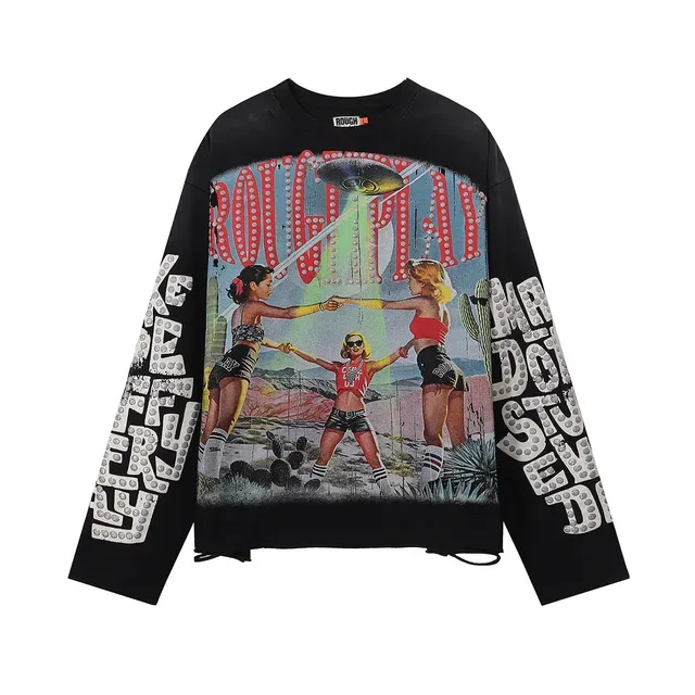 ROUGH Oversized Distressed Graphic Print Black T-Shirt 4