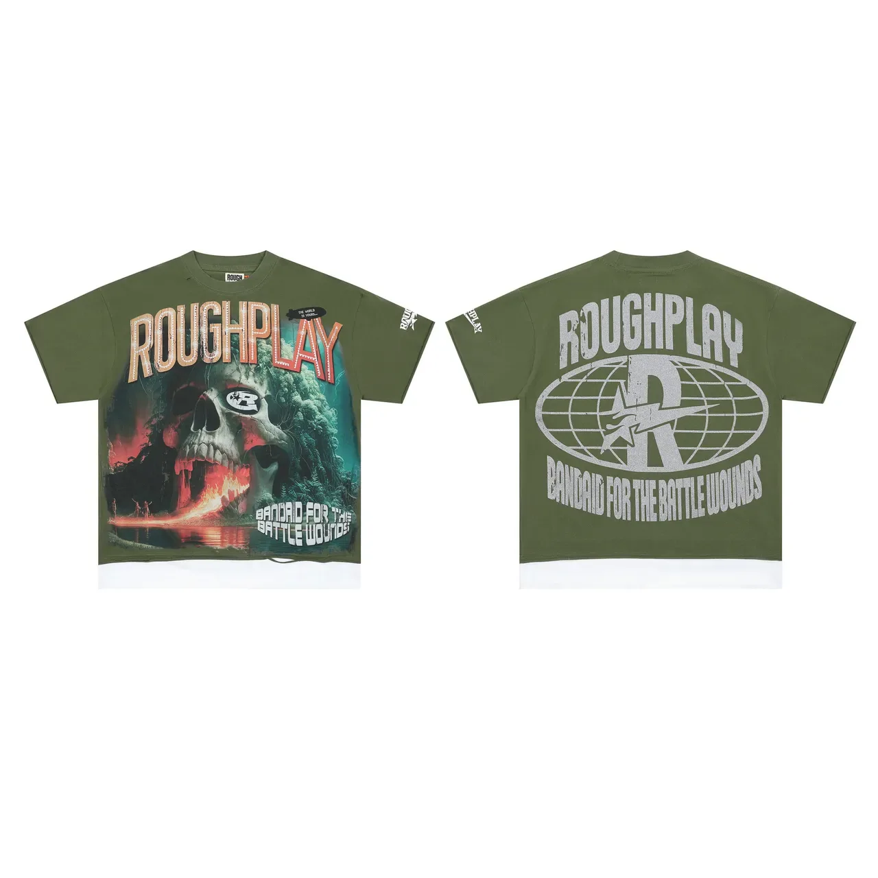 Roughplay Army Green White Oversized Fit Graphic Print T-Shirt 2