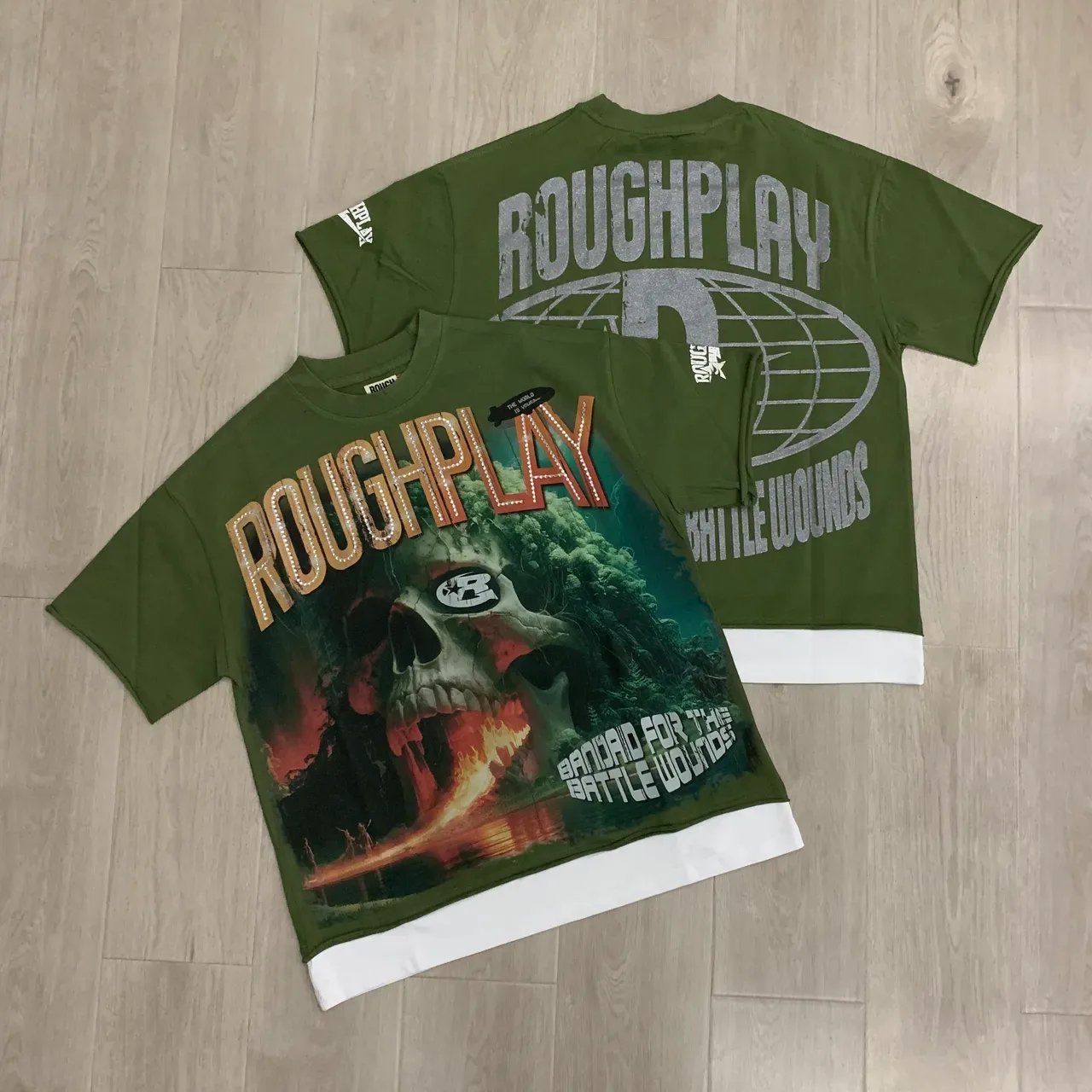 Roughplay Army Green White Oversized Fit Graphic Print T-Shirt 5