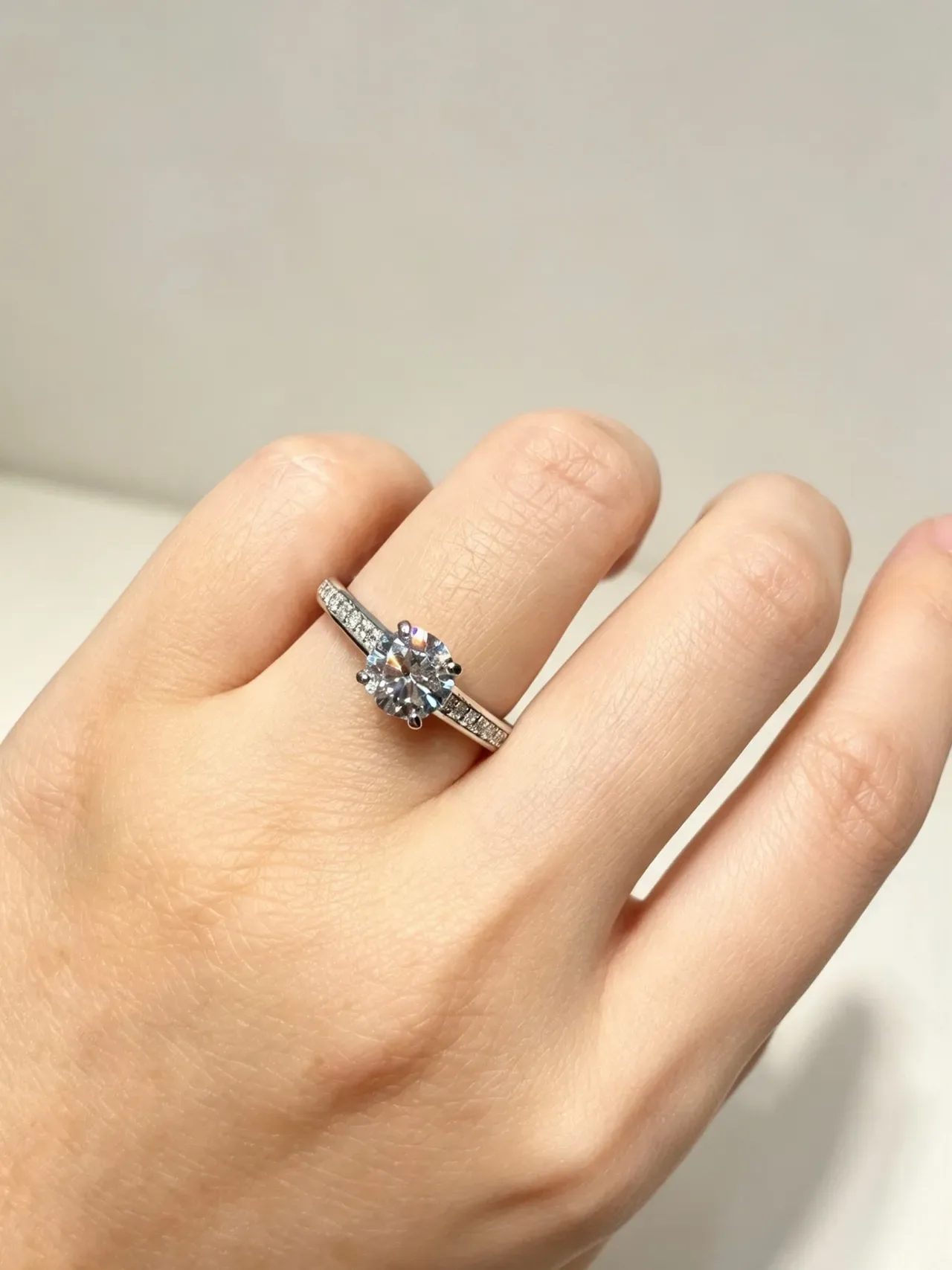 Round Brilliant Center Stone Four-Prong Pavé Side Diamond Ring 8