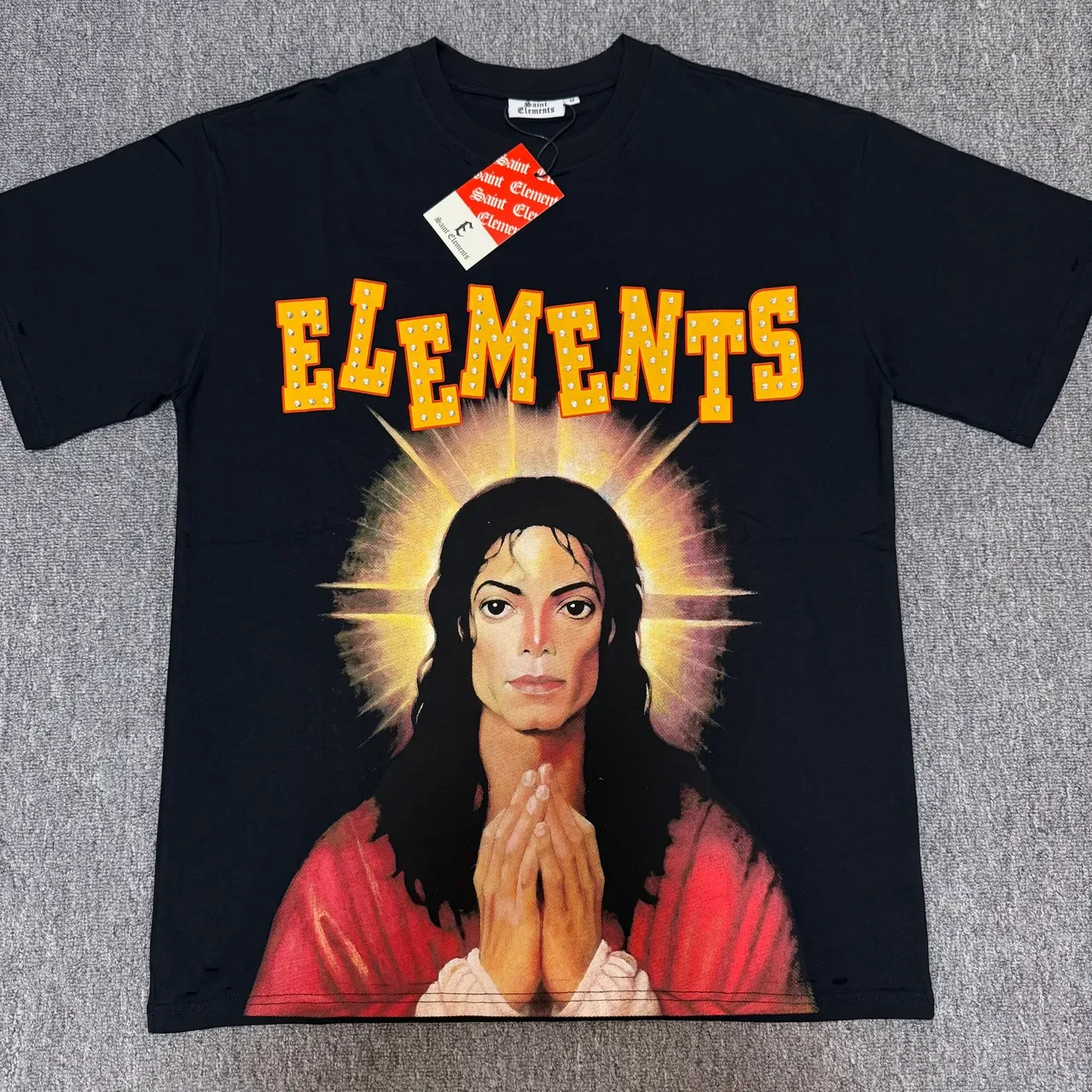 Saint Elements Black Blue Graphic Tee Halo Portrait Print T-Shirt 2