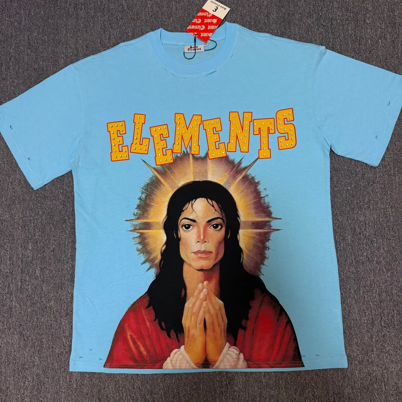Saint Elements Black Blue Graphic Tee Halo Portrait Print T-Shirt 8