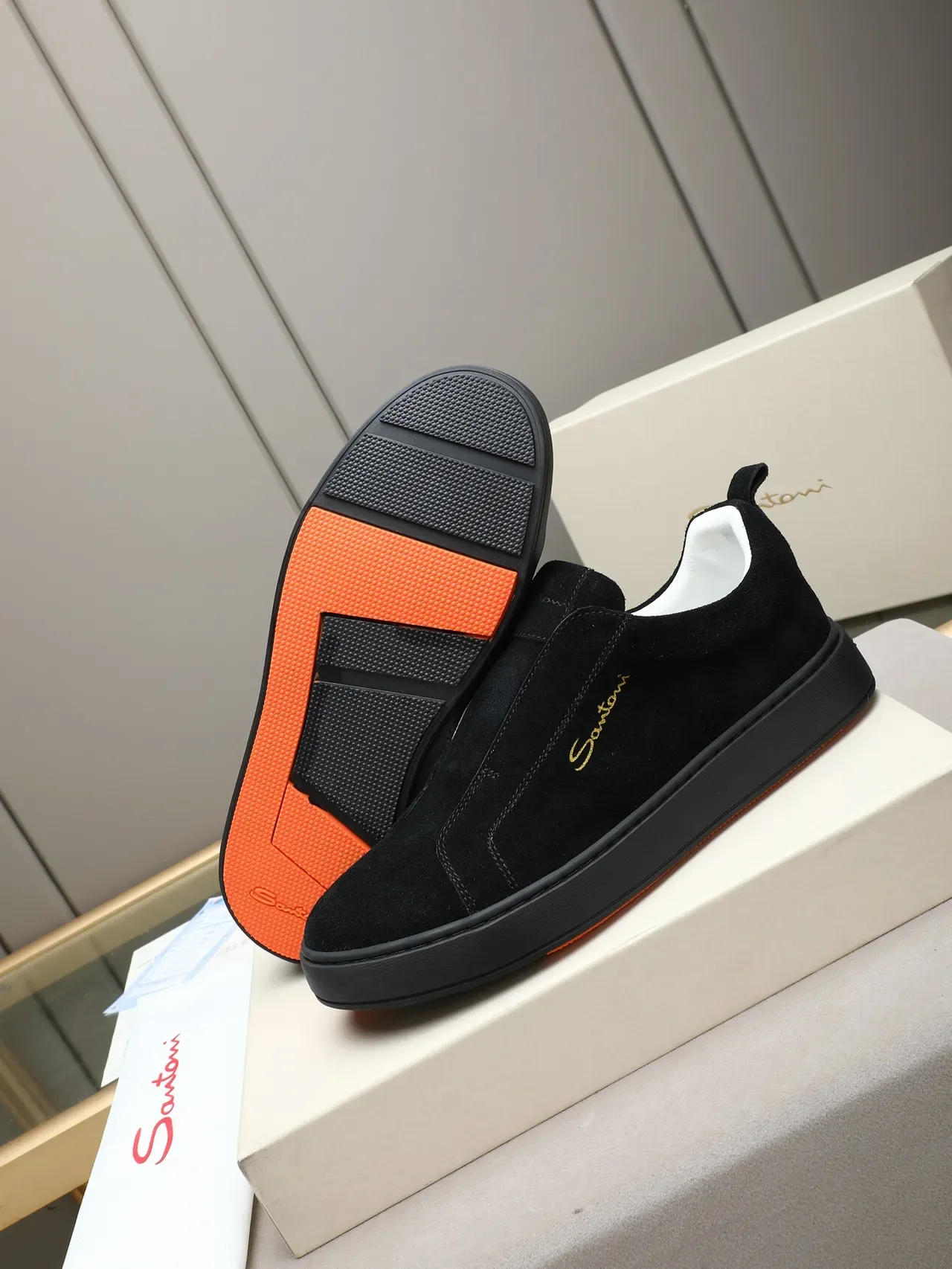 Santoni Black Orange Suede Upper Slip-On Construction Lifestyle Sneakers 4