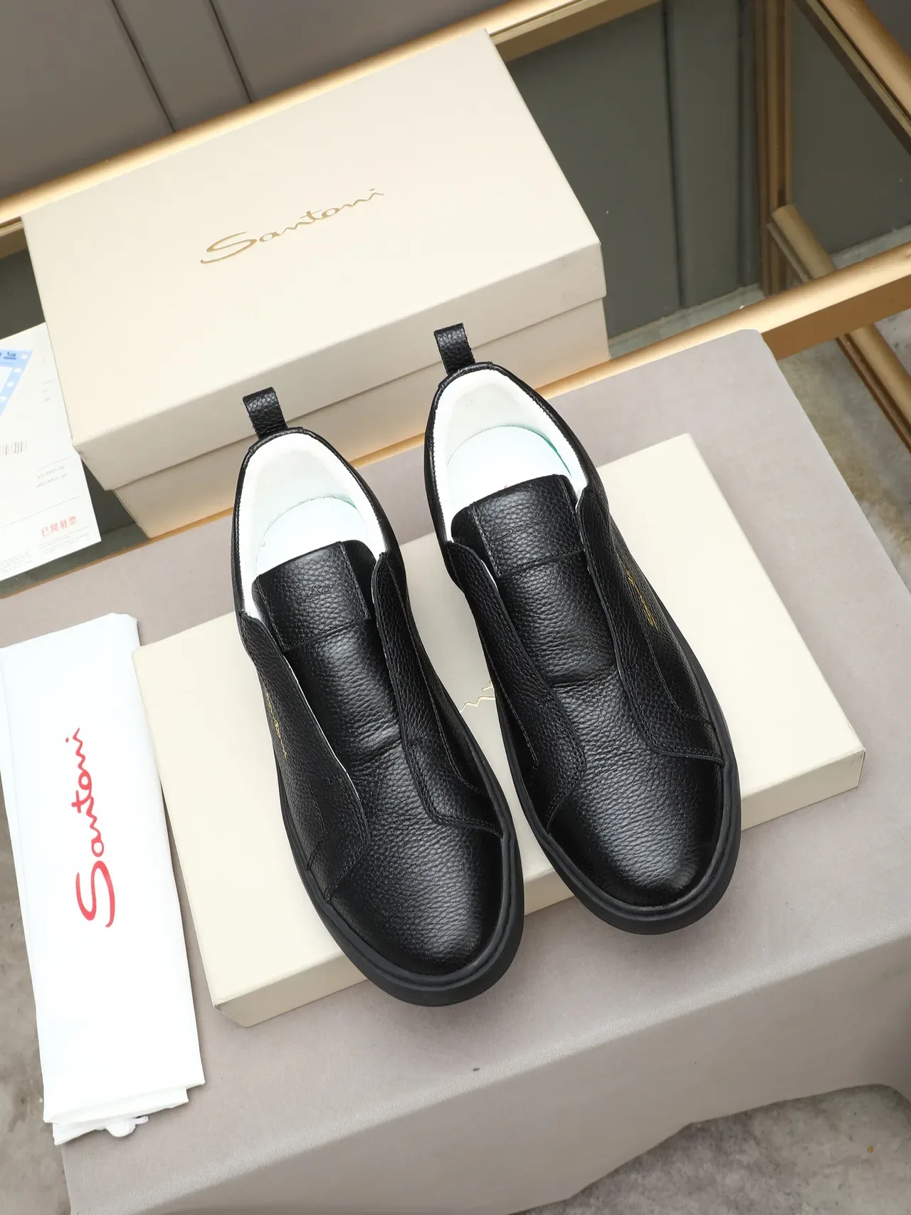 Santoni Slip-On Pebbled Leather Black Casual Shoes 2