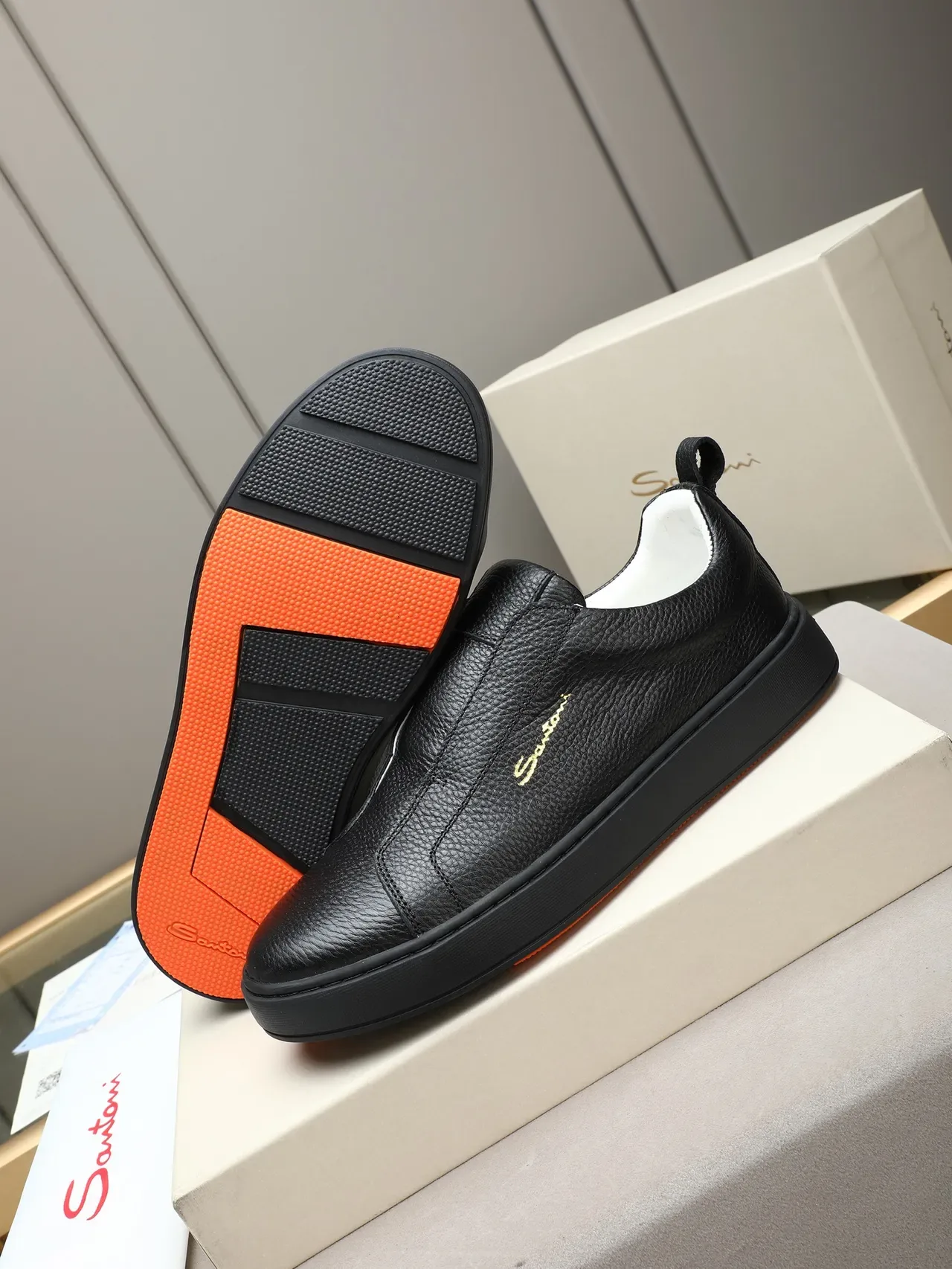 Santoni Slip-On Pebbled Leather Black Casual Shoes 4