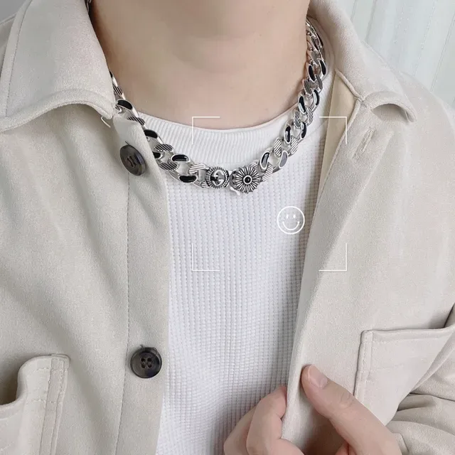 Silver and Black Inlaid Curb Chain Floral Charm Necklaces 4