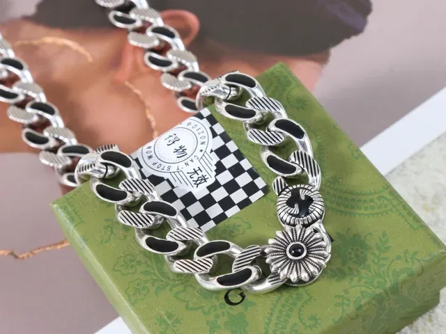 Silver and Black Inlaid Curb Chain Floral Charm Necklaces 7