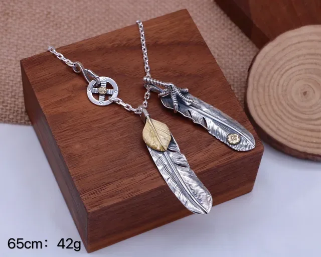 Silver and Gold Feather Leaf Pendant Necklace 5
