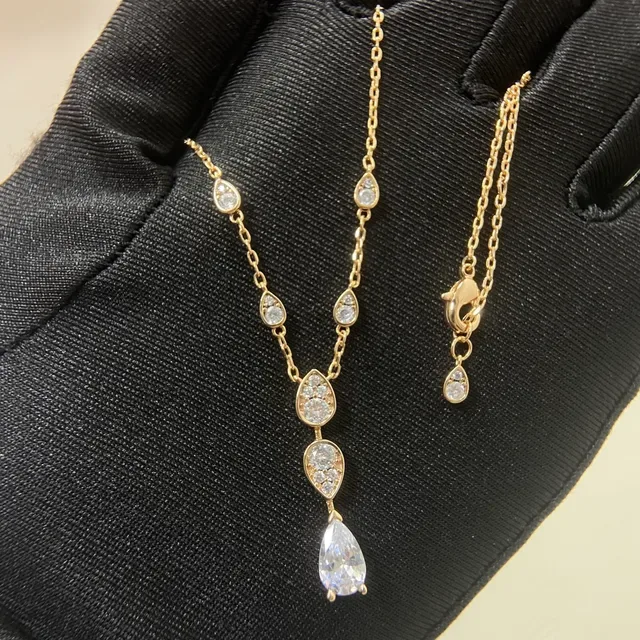 Silver and Gold Tone Teardrop Crystal Cascade Pendant Necklaces 6