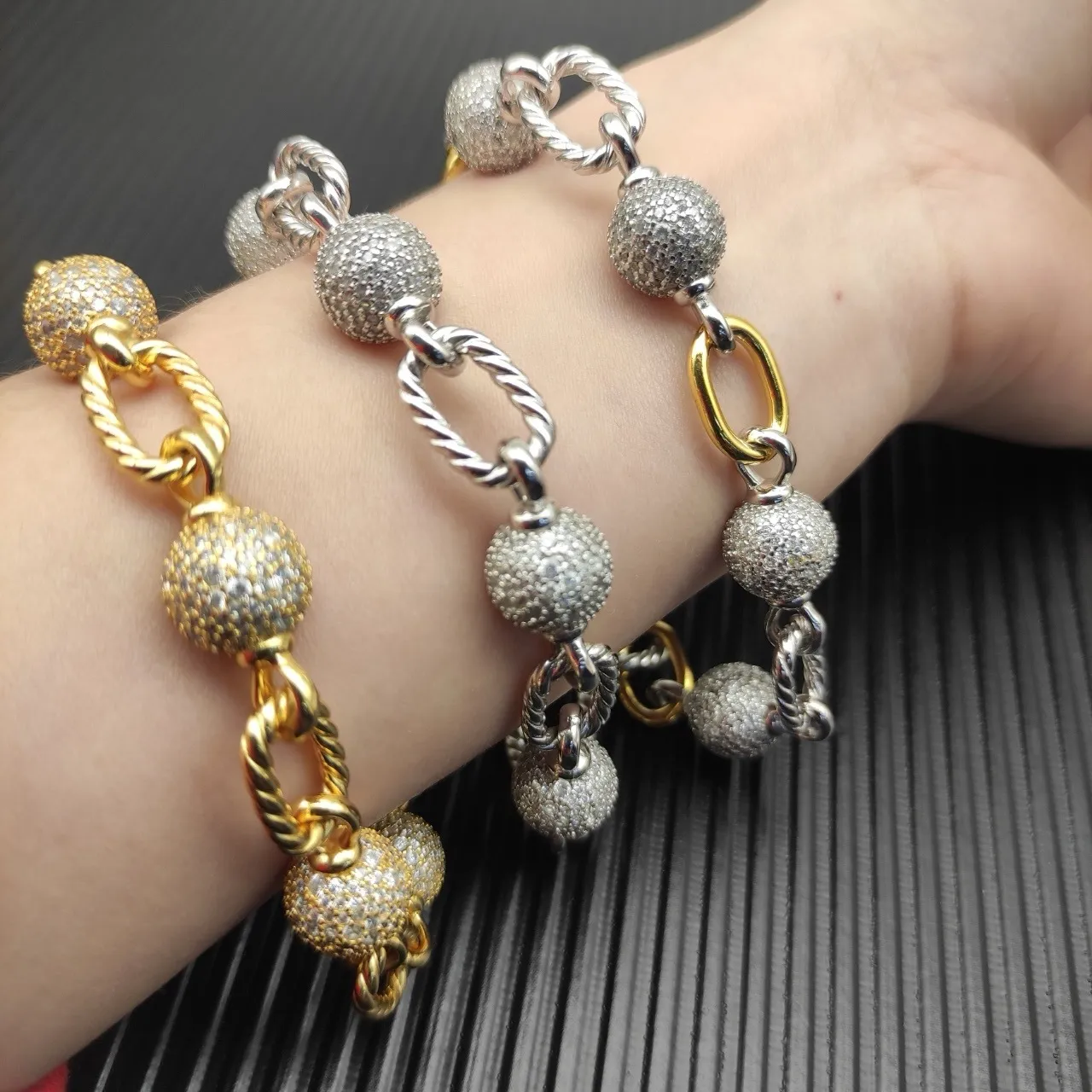 Silver and Gold Tone Textured Bead Twisted Link Bracelets 2