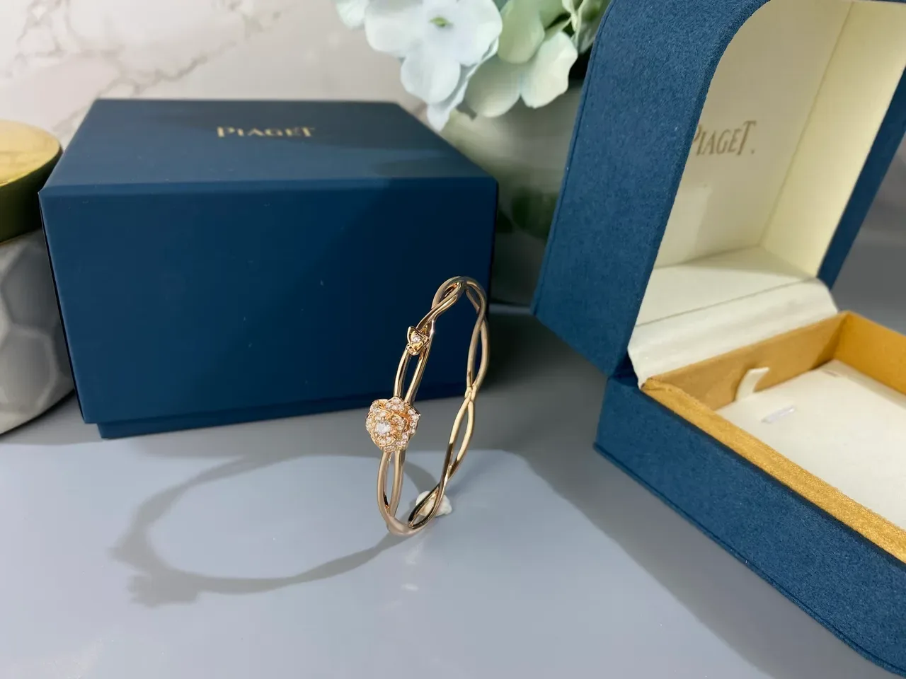 Silver and Rose Gold Floral Pavé Twisted Wire Bangle Bracelets 2