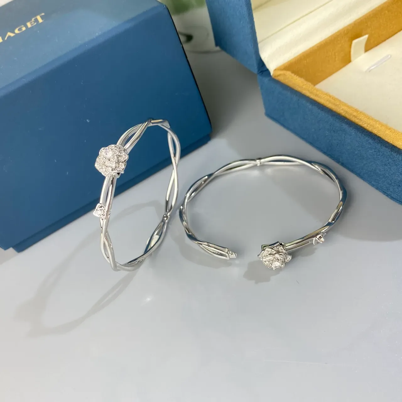 Silver and Rose Gold Floral Pavé Twisted Wire Bangle Bracelets 4