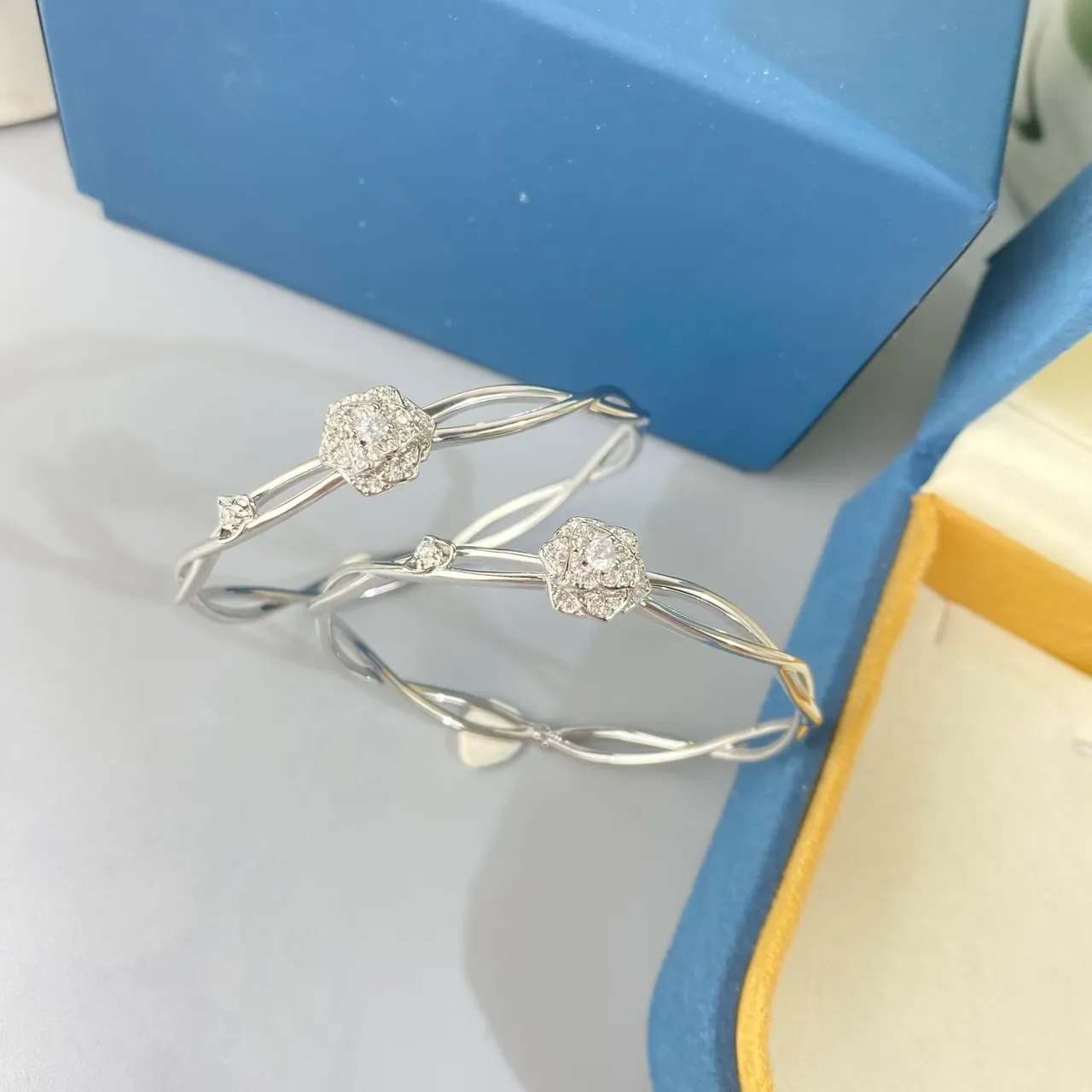 Silver and Rose Gold Floral Pavé Twisted Wire Bangle Bracelets 7