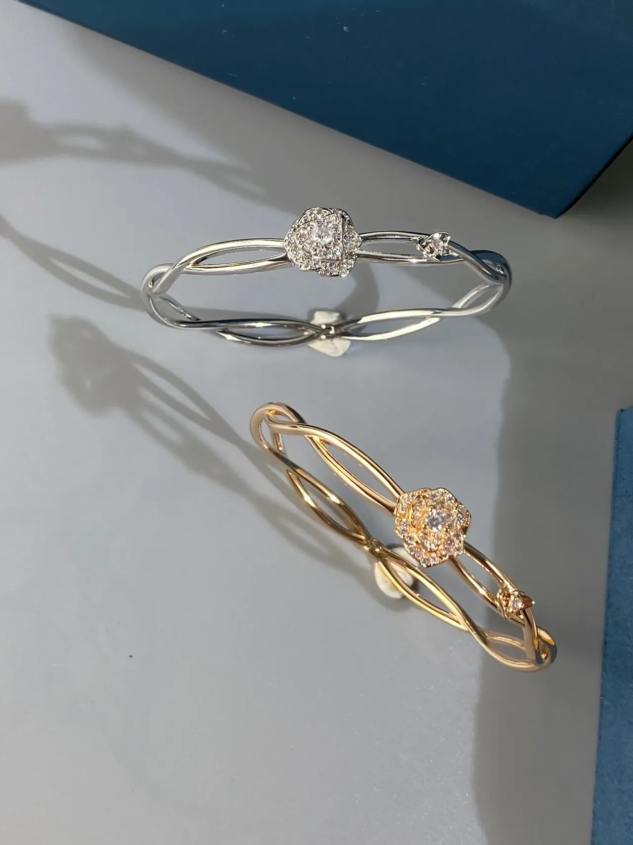 Silver and Rose Gold Floral Pavé Twisted Wire Bangle Bracelets 8