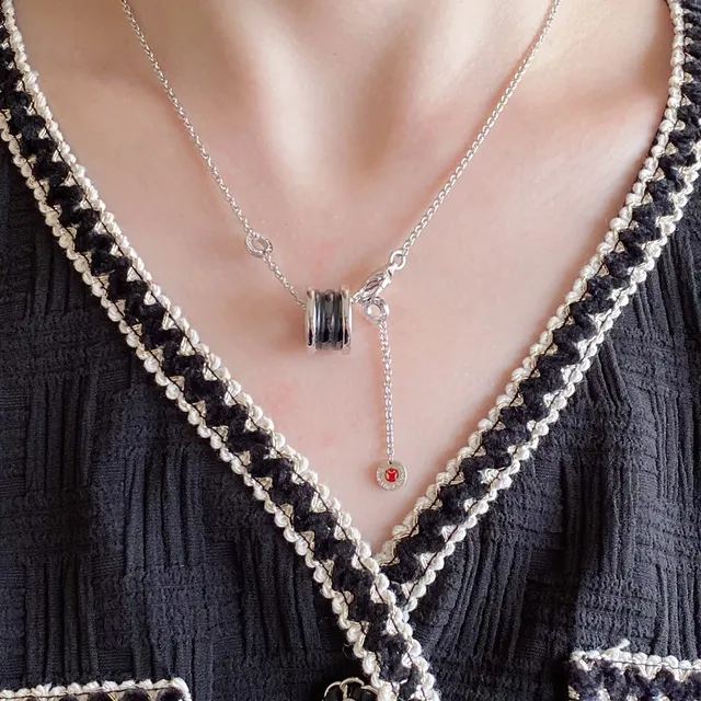 Silver Black Chain Cylindrical Pendant Necklace 9