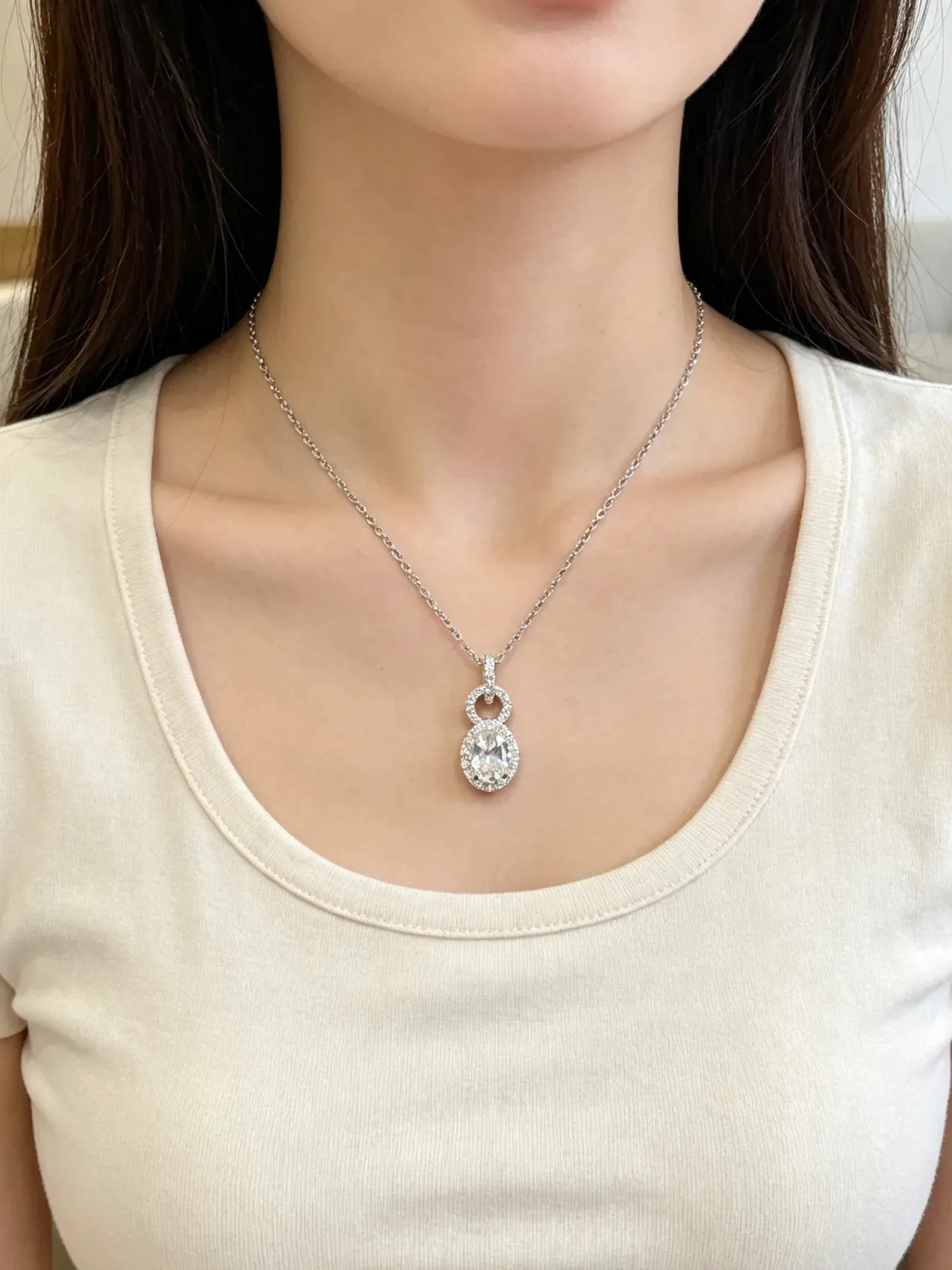 Silver Black Chain Oval Halo Pendant Necklace 2
