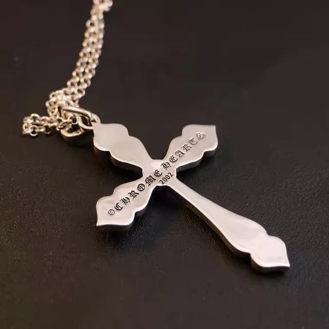Silver Black Ornate Gothic Cross Heart Motifs Necklace 2