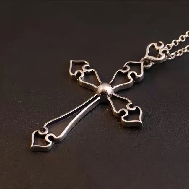 Silver Black Ornate Gothic Cross Heart Motifs Necklace 3
