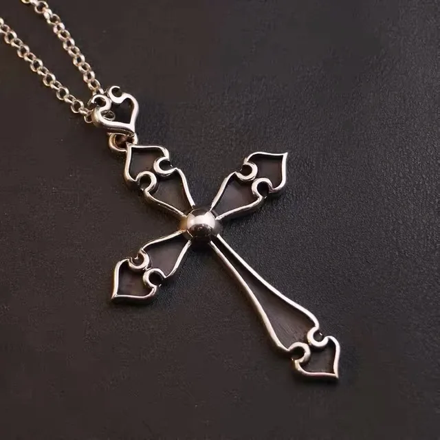 Silver Black Ornate Gothic Cross Heart Motifs Necklace 4