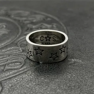 Silver Black Wide Band Engraved Star Motifs Ring