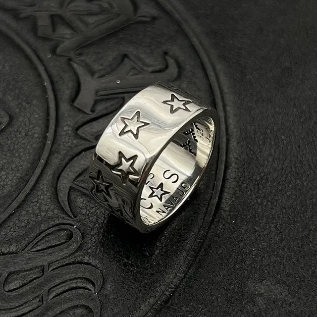 Silver Black Wide Band Engraved Star Motifs Ring 6