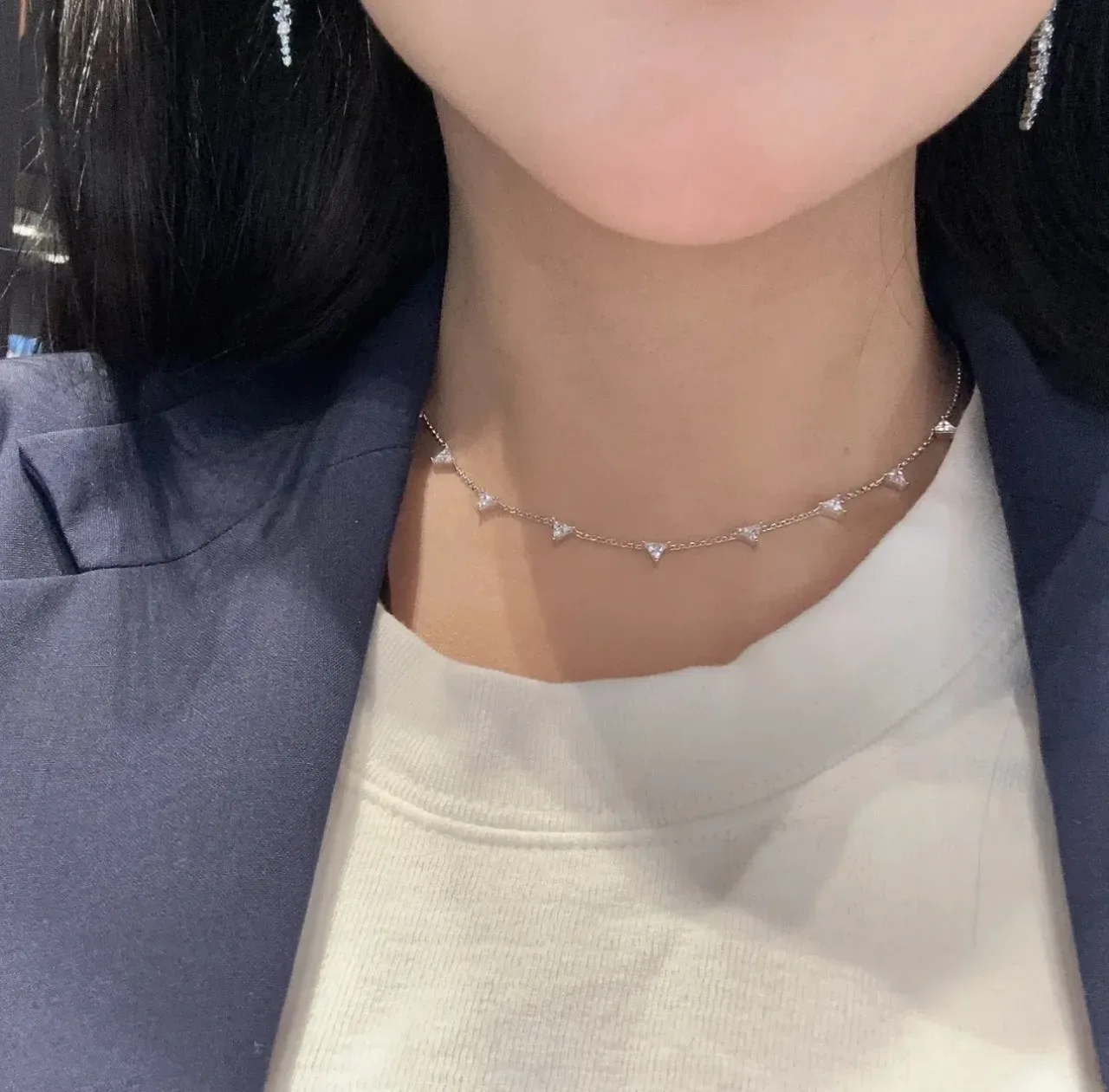 Silver Blue Chain Triangular Pavé Pendants Necklace 2