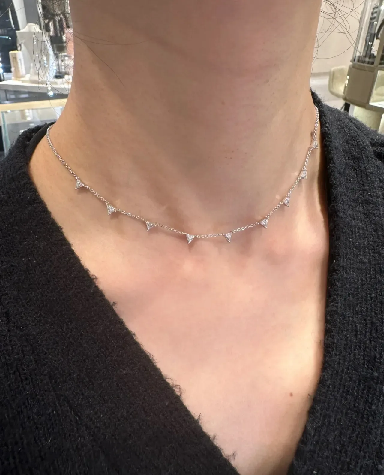 Silver Blue Chain Triangular Pavé Pendants Necklace 3