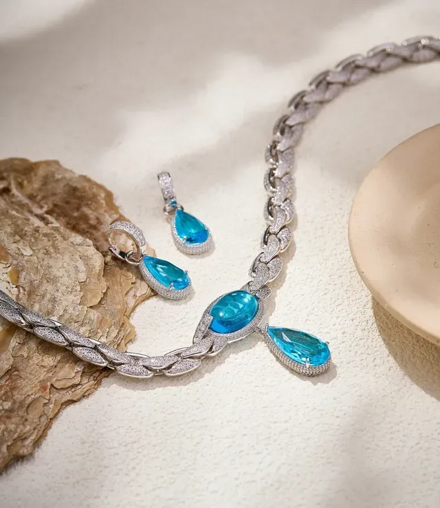 Silver Blue Chunky Braided Chain Pavé-Set Stones Necklace 3