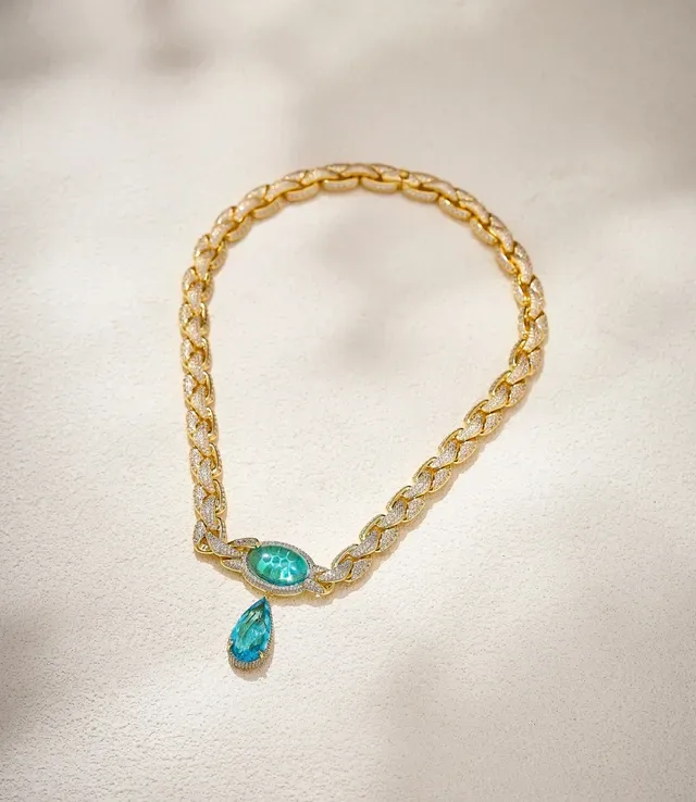 Silver Blue Chunky Braided Chain Pavé-Set Stones Necklace 6