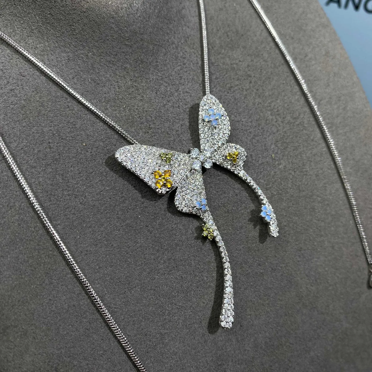 Silver Blue Pavé-Set Butterfly Pendant Multi-Stone Floral Accents Necklace 2