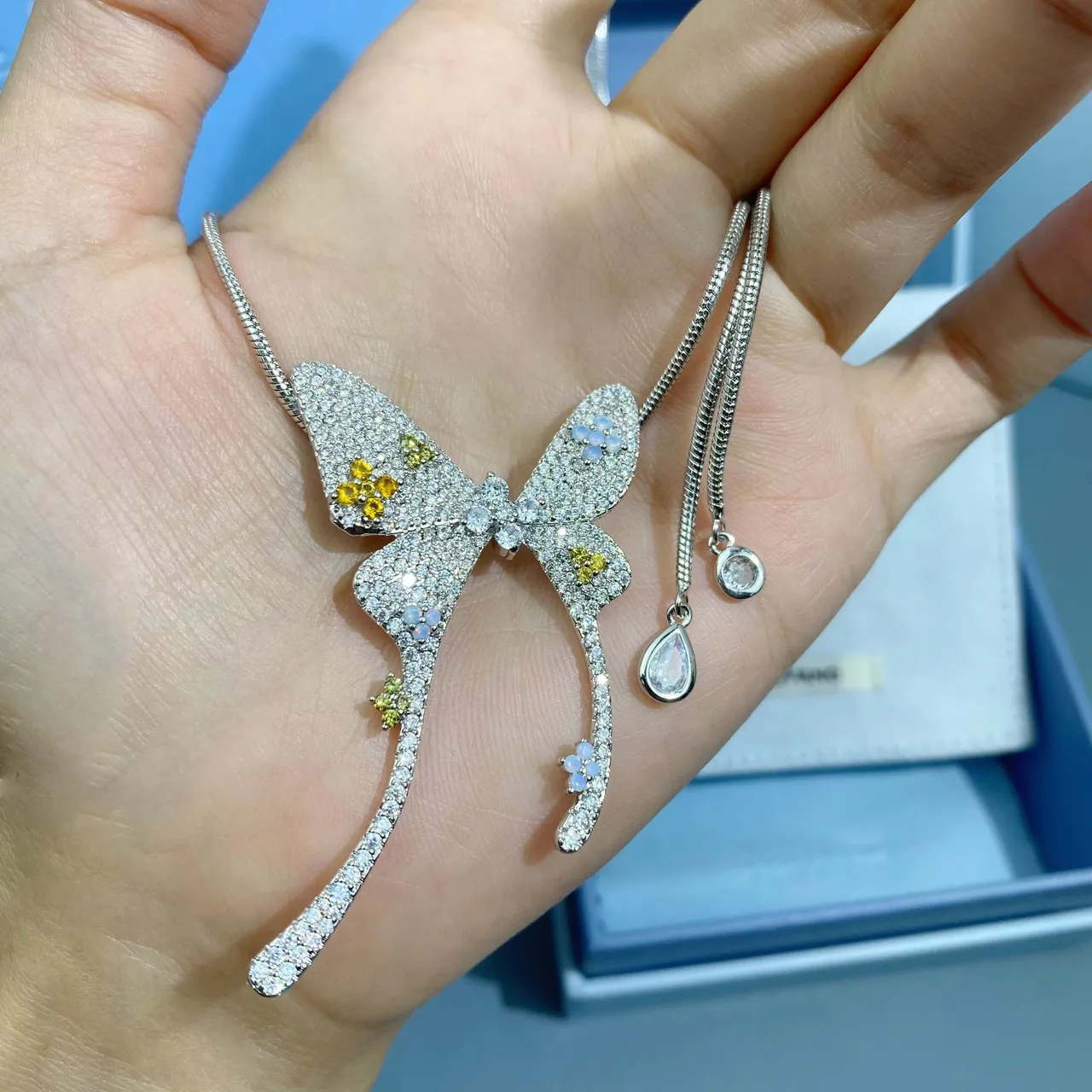 Silver Blue Pavé-Set Butterfly Pendant Multi-Stone Floral Accents Necklace 4