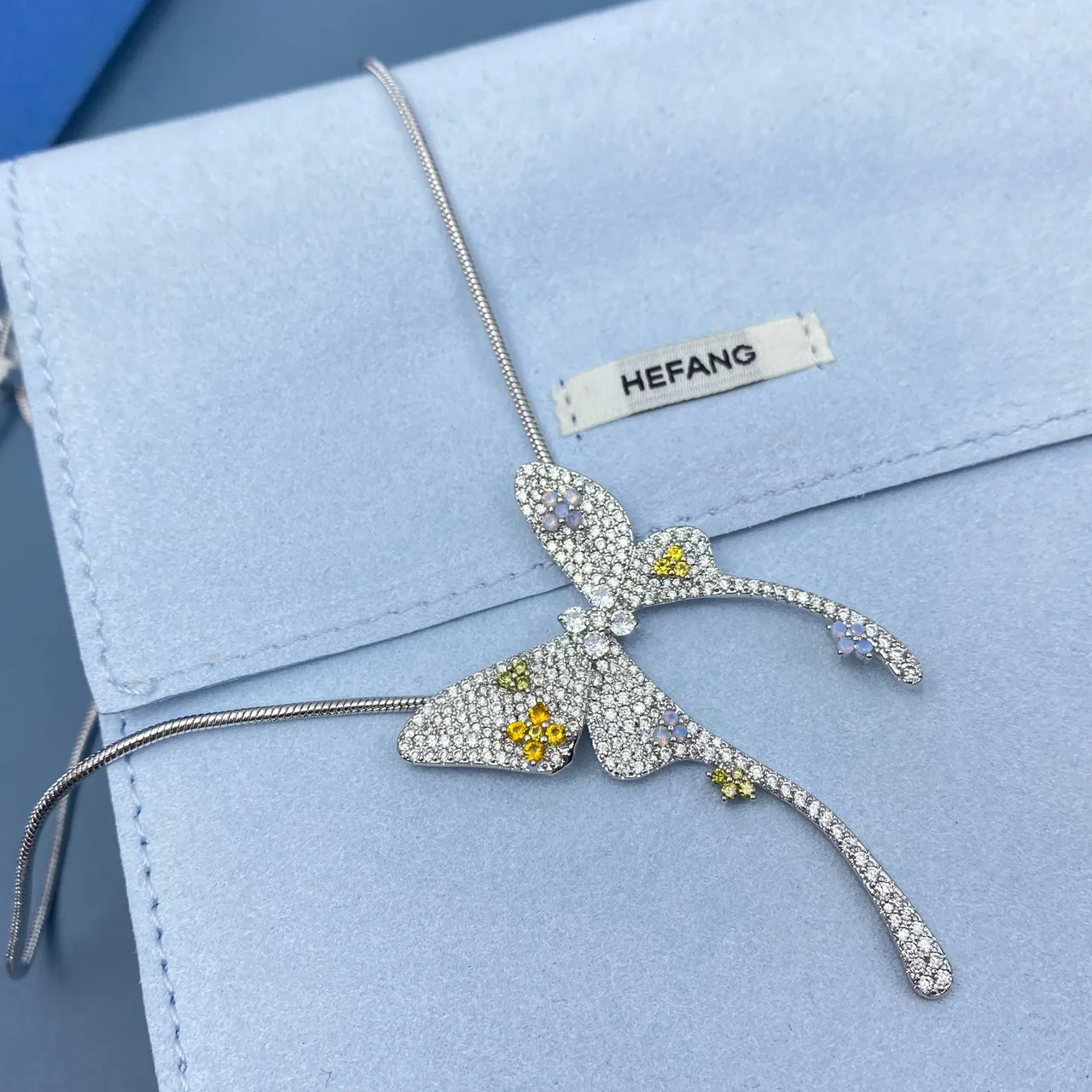 Silver Blue Pavé-Set Butterfly Pendant Multi-Stone Floral Accents Necklace 5